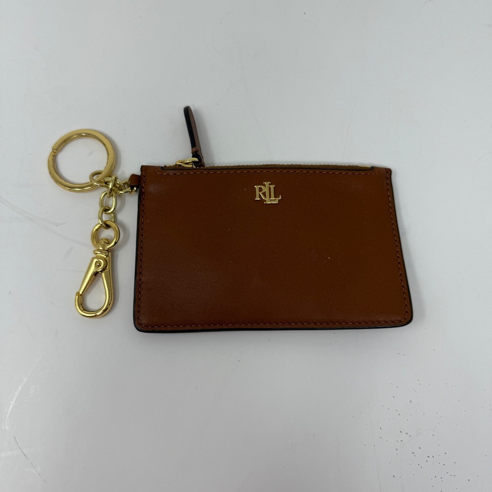 Ralph Lauren Genuine Leather Zip Card Case Wallet Key Chain Tan Brown Gold